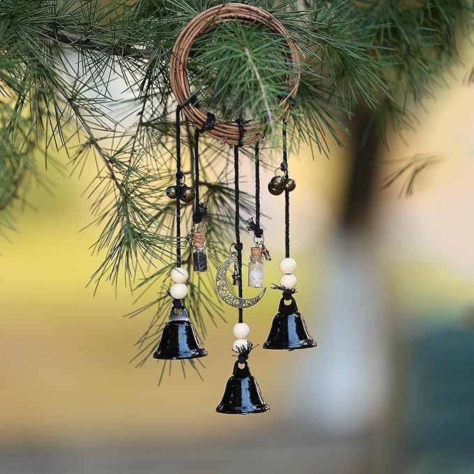 2 Pieces Witch Bells for Door Knob for Protection Hanging Bell Wind Chimes Handmade Decorative Bell for Boho Home Room Witchy Decor(Black Vintage)