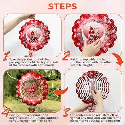 Gnome Wind Spinners Hanging Valentine's Day Gifts for Lover,12 inch 3D Metal Valentine Gnome Gifts Outdoor Decor for Yard and Garden,Valentine’s Day Decoration for Romantic Home