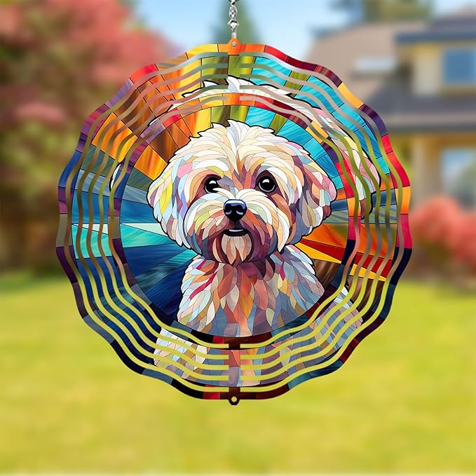 Maltese Dog Wind Spinner Pet Dog Memorial Gifts, Vibrant 3D Kinetic Aluminum Metal Yard Art, Loss of Dogs Sympathy Gifts, Hanging Outdoor Garden Decor, 8" Wind Sculptures for Patio, Porch (Maltese8)