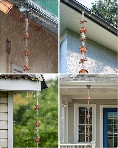 INNOWARMER 8.8ft Rain Chains for Gutters Outside, Rain Catcher Chain with 6 Metal Cups & Hummingbird Decor, Adjustable Hanging Rain Hutter Chain Downspout Substitute for Garden Drainage & Eaves