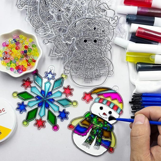 AUEKIV Suncatchers Kit 30sets Snowflake Sun Catcher DIY Window Paint Art Craft Kits Christmas Snowman Snowflake Suncatchers Ornaments for Xmas Decoration Winter Home Outdoor Party Activity