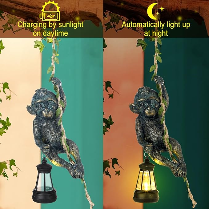 Rossesay Solar Light Outdoor Monkey Statues Bronze 7.48 Inch Resin Chimpanzee Baby Monkey Climbing on Vine with LED Lantern Waterproof Hanging Figurine with Hook for Yard Garden Wall