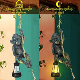 Rossesay Solar Light Outdoor Monkey Statues Bronze 7.48 Inch Resin Chimpanzee Baby Monkey Climbing on Vine with LED Lantern Waterproof Hanging Figurine with Hook for Yard Garden Wall