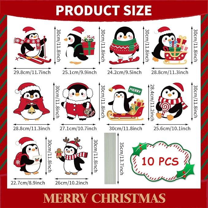10-Piece Christmas Penguin Yard Signs with Stakes Decorations – 10 Assorted Designs 12 Inches Large Holiday Penguin Signs for Outdoor Garden and Lawn Winter Party Favor