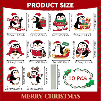 10-Piece Christmas Penguin Yard Signs with Stakes Decorations – 10 Assorted Designs 12 Inches Large Holiday Penguin Signs for Outdoor Garden and Lawn Winter Party Favor