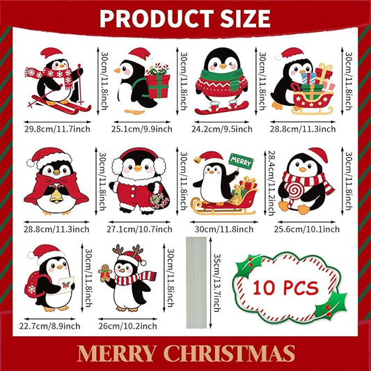 10-Piece Christmas Penguin Yard Signs with Stakes Decorations – 10 Assorted Designs 12 Inches Large Holiday Penguin Signs for Outdoor Garden and Lawn Winter Party Favor
