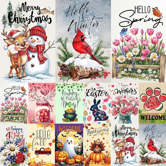 Seasonal Garden Flags Set of 12 Double Sided 12 x 18 Inch, Small Yard Flags for Outside, Christmas Easter Valentine's Day Outdoor Decor, Hello Spring Holiday Garden Decorations for All Seasons