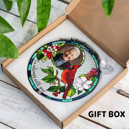Personalized Photo Cardinal Stained Glass Suncatcher, Cardinal Memorial Sun Catcher Window Hanging, I'm Always with You Gift Home Decor, Mother's Day Sympathy Gift for Mom, Dad, Family SC-HU-M123