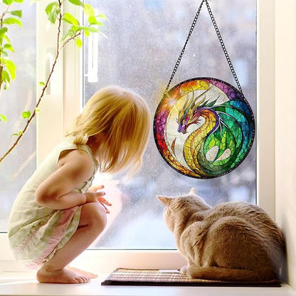 Bimkole Dragon Stained Glass Suncatcher Window Hanging - Animals Indoor Window or Doorway Decoration - Handmade Sun Catcher Decor for Garden Home Christmas & Birthday Gifts 7.87x7.87 Inch