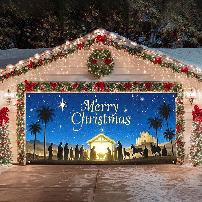 HOMETITUTE Christmas Garage Door Banner 13x6ft Nativity Scene Theme Backdrop Holiday Seasonal Decor Winter Door Cover Banners for Outside Garage Wall Covering for Party Garage Decorations