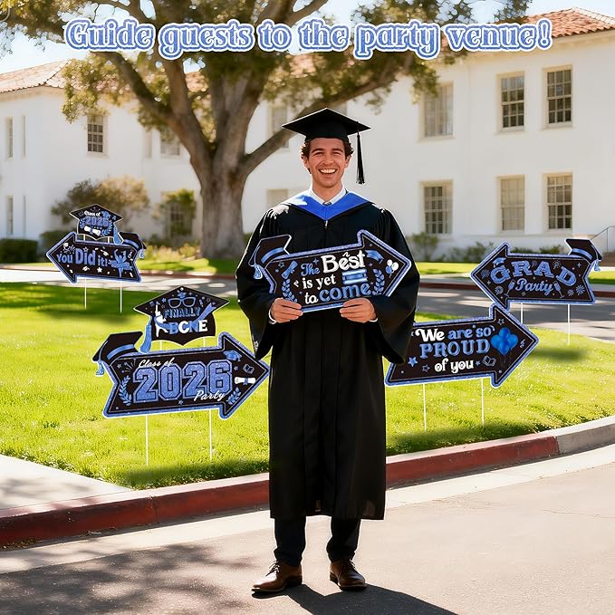 12PCS 2026 Graduation Yard Sign for Outdoor Pathway,Graduation Cap Hanging Yard Signs,Black Blue This Way Yard Signs with Stakes Ribbon,Class of 2026 Grad Party Decoration for College High School