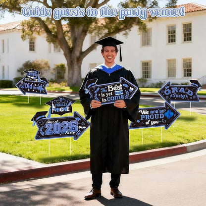 12PCS 2026 Graduation Yard Sign for Outdoor Pathway,Graduation Cap Hanging Yard Signs,Black Blue This Way Yard Signs with Stakes Ribbon,Class of 2026 Grad Party Decoration for College High School