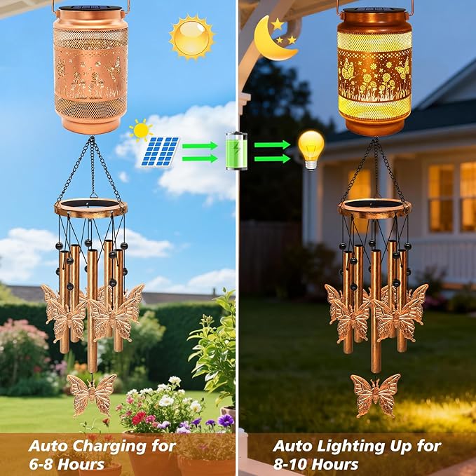 2 Pack Butterfly Solar Wind Chimes for Outside, Gifts for Mothers Day Mom Women Grandma Birthday Memorial Teacher, 32" Windchimes Outdoor Decor Hanging Solar Lantern for Garden Porch Patio Backyard