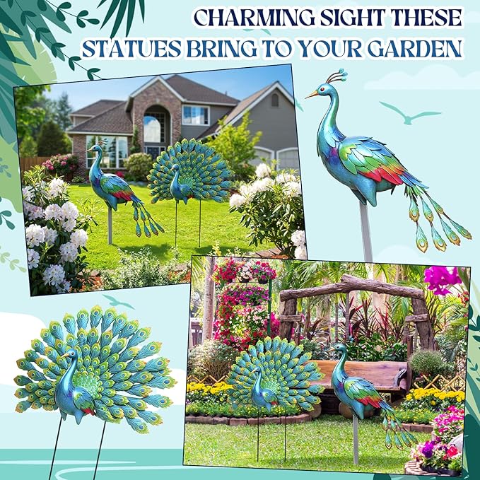 Frienda 2 Pack Peacock Statues for Garden Decor Yard Metal Sculpture Art Large Birds Animal Peacock for Outdoor Garden Patio Yard Backyard Home Decoration Housewarming Gift for Women Mom Grandma