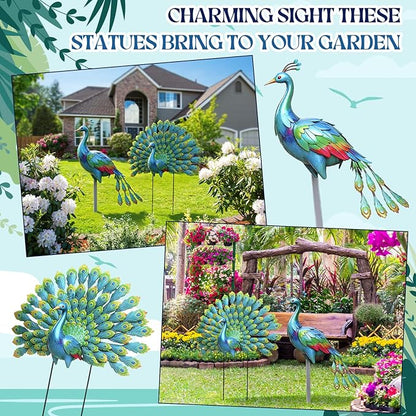 Frienda 2 Pack Peacock Statues for Garden Decor Yard Metal Sculpture Art Large Birds Animal Peacock for Outdoor Garden Patio Yard Backyard Home Decoration Housewarming Gift for Women Mom Grandma