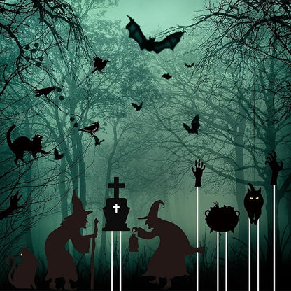 AmazingSpark 22 Pcs Halloween Decorations Outdoor Witch Silhouette Yard Signs with Stakes Black Cat Hands Tombstones Cauldron Set Corrugated Plastic Waterproof Scary Silhouette for Lawn Garden Decor