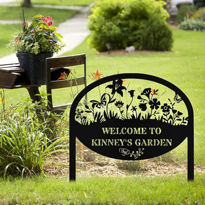 Personalized Metal Garden Signs with Stake, Custom Garden Signs for Outside Waterproof, Customized Name Sign Yard Lawn Gardens Decor Gardening Gifts for Moms Grandmas Gardeners