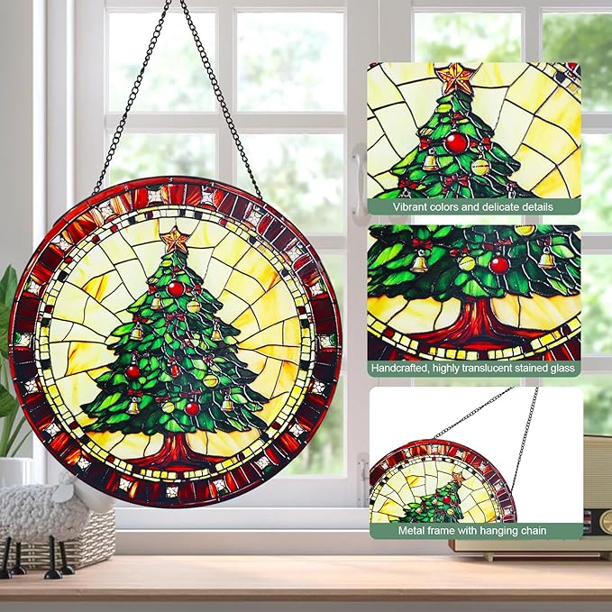 Green Christmas Tree Stained Glass Window Hanging Suncatcher with Chain - 7.9" Outdoor/Indoor Art Decor for Home Garden, Wedding, Mother's, Valentine's, Thanksgiving Ornaments Present