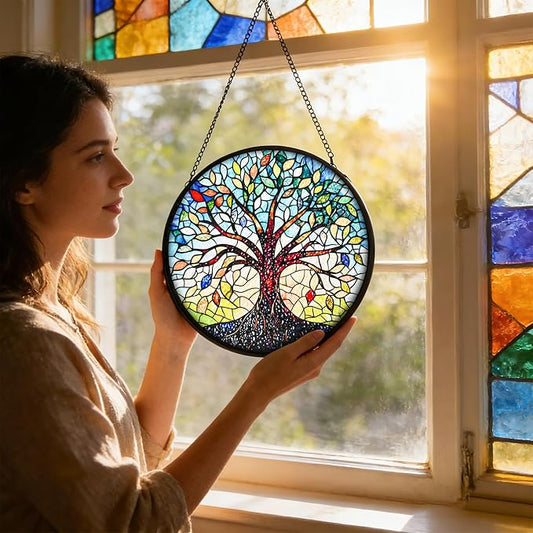 Stained Glass Window Hanging, Colorful Tree of Life Sun Catchers for Window Door Garden Kitchen Home Decor Suncatcher Decoration for Birthday Gift for Women, Men, Mom, Dad, Wife, Aunt and Nana 7.8 in