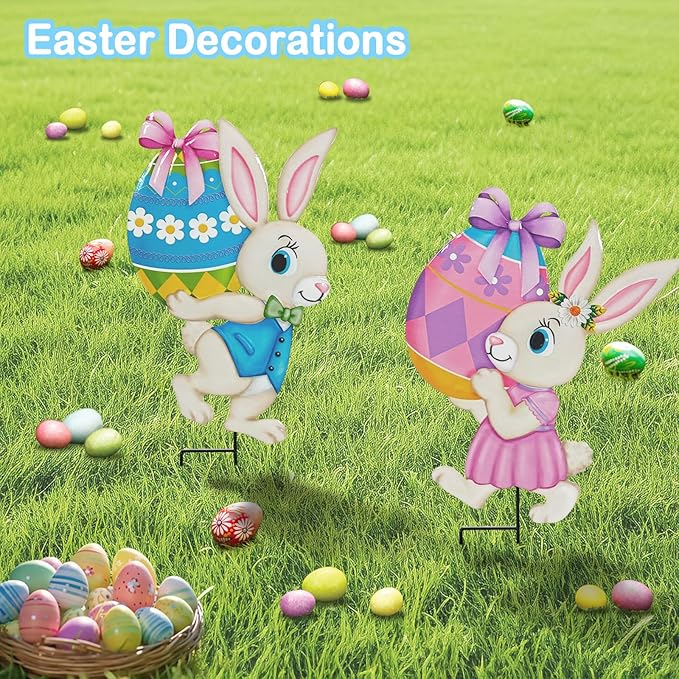 Easter Decorations Outdoor,2 Pack Metal Easter Egg Bunny Yard Signs for Outside,Cute Bunny Garden Stakes for Lawn,Yard,Rabbit Gifts for Women