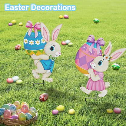 Easter Decorations Outdoor,2 Pack Metal Easter Egg Bunny Yard Signs for Outside,Cute Bunny Garden Stakes for Lawn,Yard,Rabbit Gifts for Women
