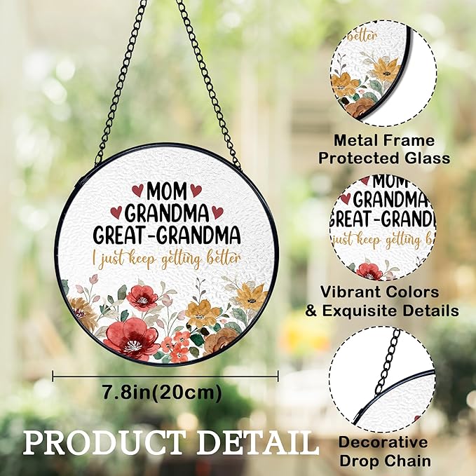Mom Grandma Flower Suncatchers Stained Glass Window Hanging, Great Grandma Gifts Catchers Indoor Window Glass Round Wall Decor 7.9x7.9in