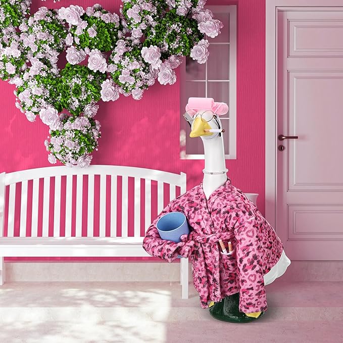 23 Inch Porch Goose Statue Outfits Set Pink Leopard Porch Goose Bathrobe Costumes with Clothes & Accessories for Patio Yard Garden Lawn Outdoor Decoration