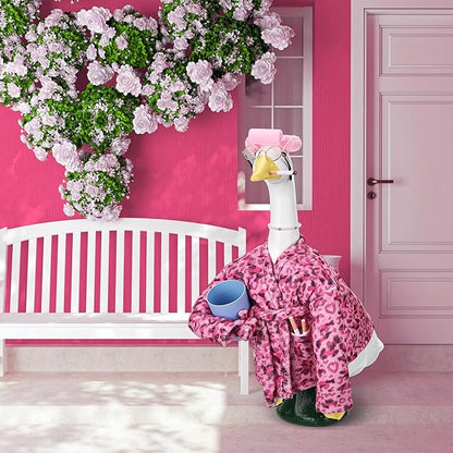 23 Inch Porch Goose Statue Outfits Set Pink Leopard Porch Goose Bathrobe Costumes with Clothes & Accessories for Patio Yard Garden Lawn Outdoor Decoration