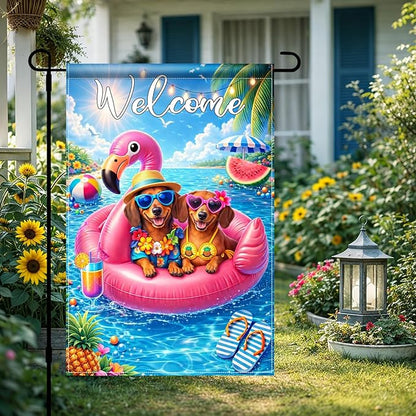 BlissYard Welcome Flamingo Pool Dog Garden Flag 12x18 Double Sided Vertical Outdoor Decor Labrador Retriever Summer Poolside Yard Garden Lawn Banner Bright Seasonal Display