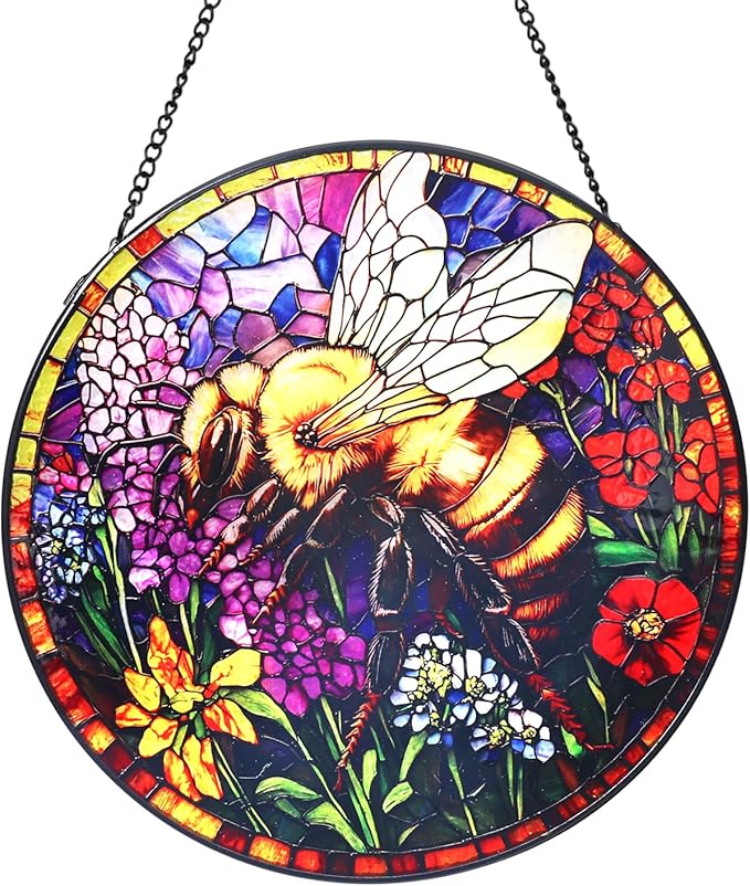 Bee and Flowers Stained Glass Window Hanging Suncatcher with Chain - 7.9" Outdoor/Indoor Art Decor for Home Garden, Wedding, Mother's, Thanksgiving, Valentine's & Christmas Ornaments Present