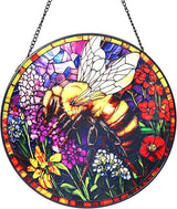 Bee and Flowers Stained Glass Window Hanging Suncatcher with Chain - 7.9" Outdoor/Indoor Art Decor for Home Garden, Wedding, Mother's, Thanksgiving, Valentine's & Christmas Ornaments Present