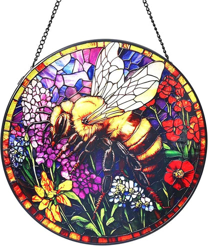 Bee and Flowers Stained Glass Window Hanging Suncatcher with Chain - 7.9" Outdoor/Indoor Art Decor for Home Garden, Wedding, Mother's, Thanksgiving, Valentine's & Christmas Ornaments Present