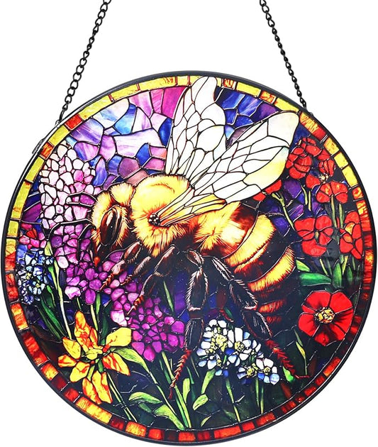 Bee and Flowers Stained Glass Window Hanging Suncatcher with Chain - 7.9" Outdoor/Indoor Art Decor for Home Garden, Wedding, Mother's, Thanksgiving, Valentine's & Christmas Ornaments Present