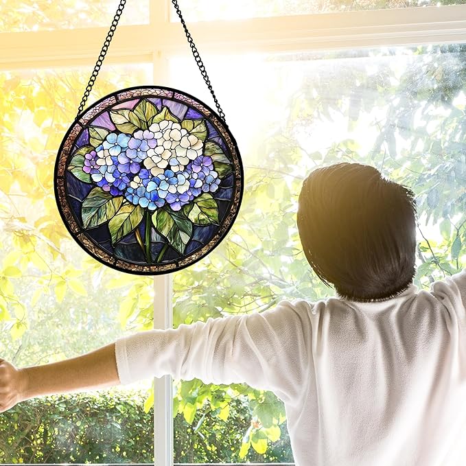 DASTOLL Stained Glass Window Hanging, Hydrangea Flowers Sun Catchers Diamond Glass Panel Hangings Plant Suncatcher Decor for Birthday for Women, Men, Wife, Aunt, and Mom 7.8 in