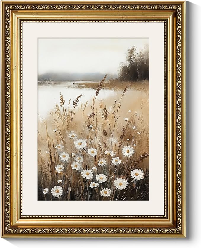 ARPEOTCY Vintage Gold Framed Wall Art, Wildflower Field Paintings, Floral Aesthetic Canvas Picture Prints Artwork with Frame, Classical Victorian Wall Decor for Living Room Bathroom Bedroom 11x14 inch