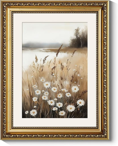 ARPEOTCY Vintage Gold Framed Wall Art, Wildflower Field Paintings, Floral Aesthetic Canvas Picture Prints Artwork with Frame, Classical Victorian Wall Decor for Living Room Bathroom Bedroom 11x14 inch