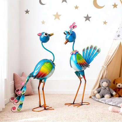 22.5" Metal Peacock Garden Statues Set of 2, Whimsical Cartoon Bird Sculptures with Hand-Painted Blue & Rainbow Finish, Lifelike Indoor Outdoor Yard Art for Patio Lawn Shelf & Living Room Decor