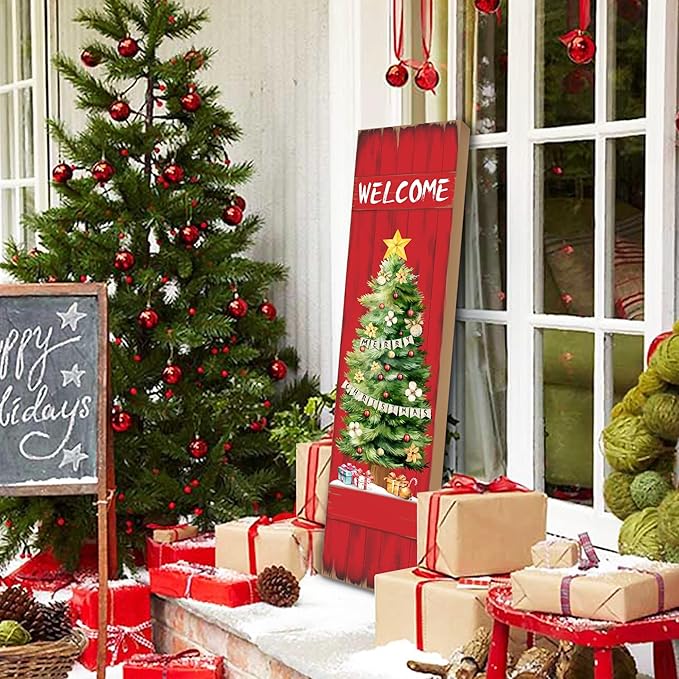 PEROUU Merry Christmas Porch Sign for Front Door, Xmas Wooden Welcome Sign with Christmas Tree for Front Porch Decorations, Winter Garden Decor Outdoor Hanging Signs Wall Sign 31.5" H