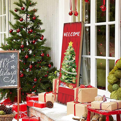 PEROUU Merry Christmas Porch Sign for Front Door, Xmas Wooden Welcome Sign with Christmas Tree for Front Porch Decorations, Winter Garden Decor Outdoor Hanging Signs Wall Sign 31.5" H
