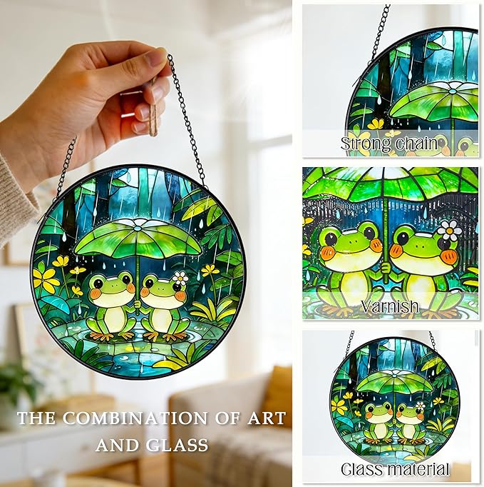Frog Suncatcher, Stained Glass Frog Suncatcher Ornament, Frog Lovers Gift Ideas (Green)