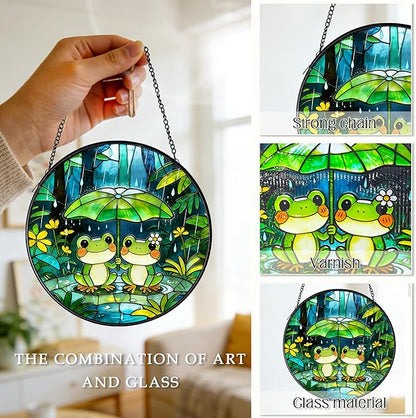 Frog Suncatcher, Stained Glass Frog Suncatcher Ornament, Frog Lovers Gift Ideas (Green)