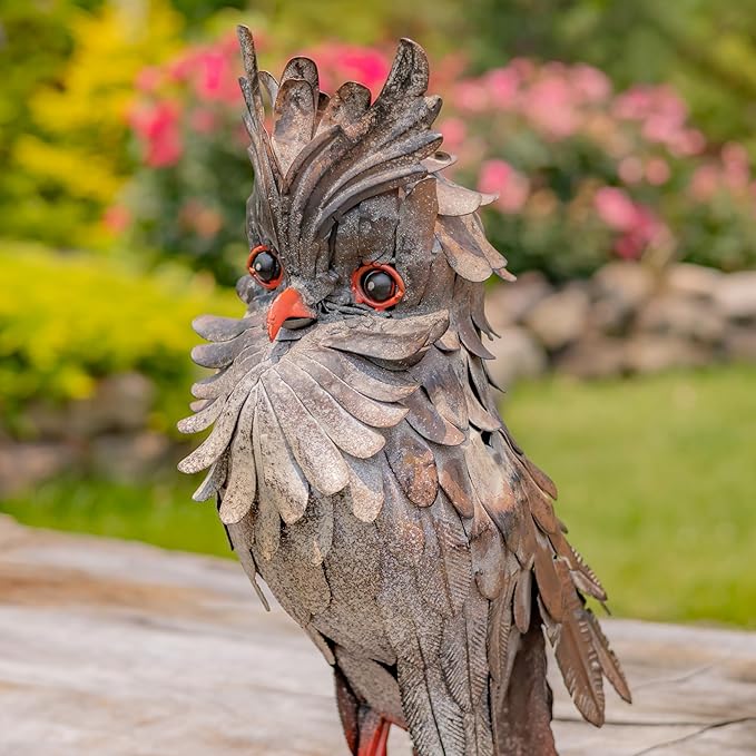 Zaer Ltd. Great Horned Owl Metal Garden Accent, Indoor/Outdoor Decor, Hand-Painted Black-Grey Finish (16" Tall Hickory)