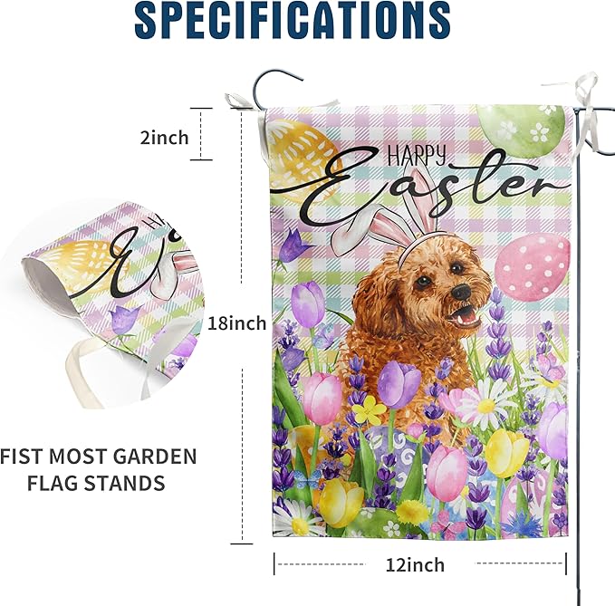 Happy Easter Dog Garden Flag Golden Doodle Spring Flags Buffalo Plaid Bunny Eggs Yard Flag for Outside 12x18 Double Sided Small Decorative Floral Outdoor Flag