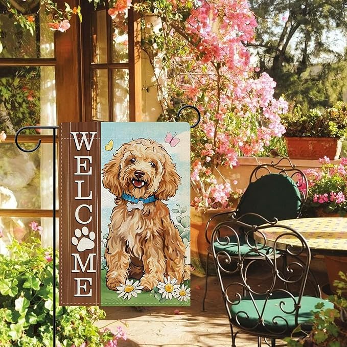 Dyrenson Welcome Goldendoodle Dog Decorative Garden Flag, Paw Print Yard Outside Home Decorations Pet Lover Gift, Spring Summer Burlap Outdoor Small Decor Double Sided 12 x 18