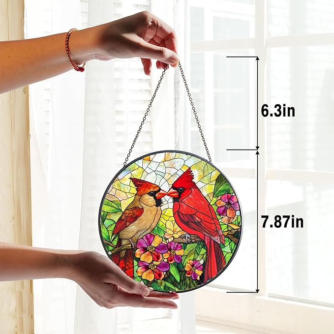 Cardinal Stained Glass Window Hanging, 7.87 Inch Sun Catcher for Indoor Outdoor, Hand Painted Stained Glass Gift for Women Bird Lovers Mother's Day Christmas