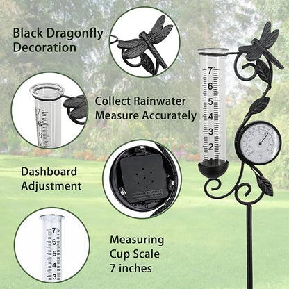Dragonfly Rain Gauge Garden Decor, 32" Thermometer Patio Decor, 7" Capacity Rain Gauge Replacement Tube Glass, Outdoor Temperature Patio Decor