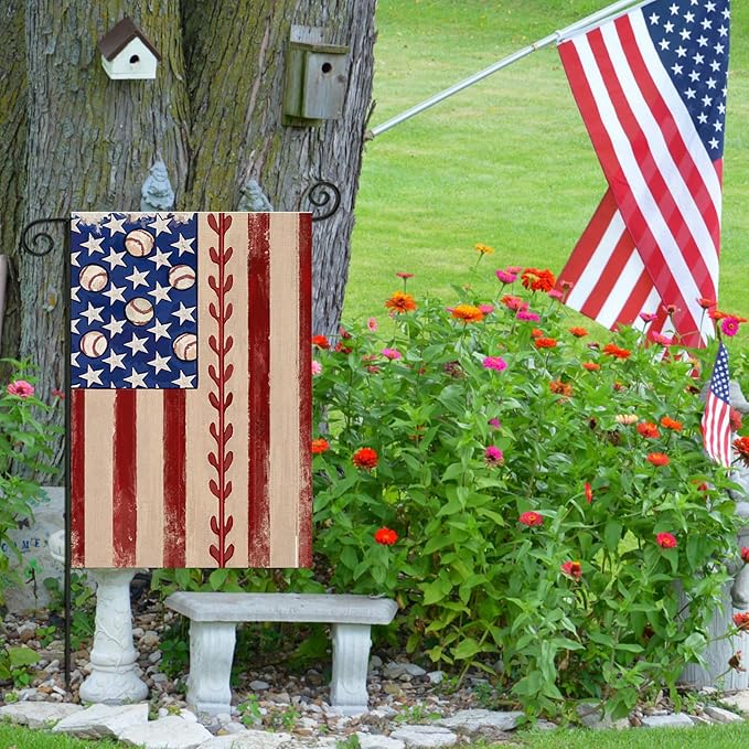 4th of July Garden Flag 12x18 Inch Double Sided, Retro American Flag with Baseball Yard Decoration,Small Seasonal Outdoor Decor for Summer Memorial Day/250th Years America Anniversary Holiday Outside