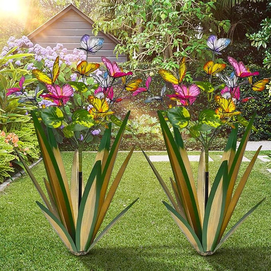 TOMBABY Garden Outdoor Butterfly Enlarge Thickened Wind Resistant Metal Agave Garden Art Metal Plant Country Sculpture Statue Decorations Ornaments Artificial Waterproof Butterflies(Light Green 2pcs)