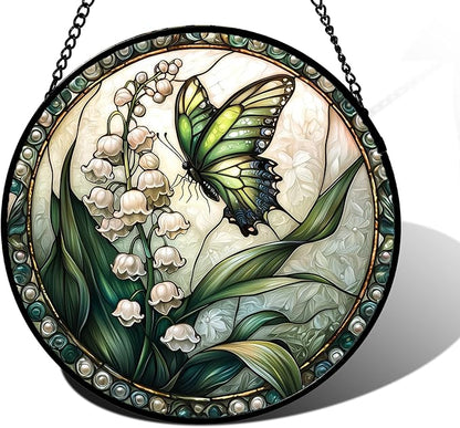 DASTOLL Stained Glass Window Hanging, Lily of the Valley Flower Butterfly Suncatcher for Doors Home Sun Catchers Decoration and Christmas, Mother's Day Birthday Gifts for Women, Men, Mom 6.3 in