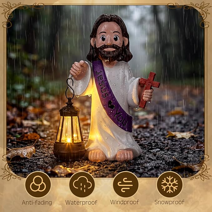 Capoda Solar Jesus Figurine 8 Inch, He is Risen Easter Statue with Glowing Lantern, Jesus Loves You Christian Resin Outdoor Garden Statue Decor, Religious Easter Gifts (Cross,Purple)